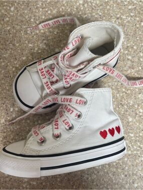 Converse Kids White High-Top Sneakers with Red Heart Accents